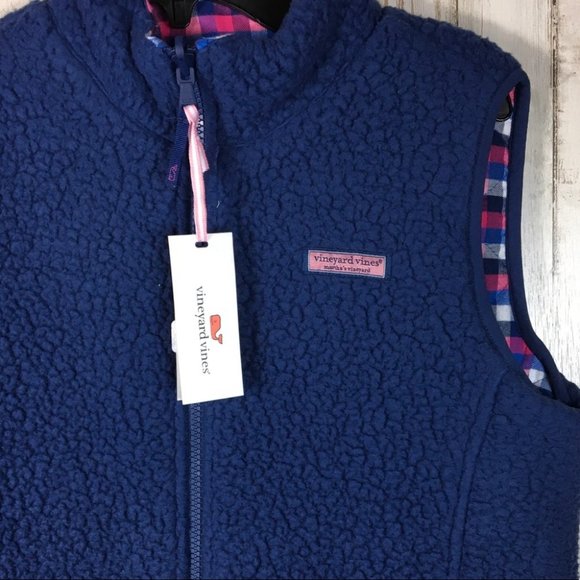 Vineyard Vines Reversible Sherpa Plaid Vest Blue - Picture 7 of 14